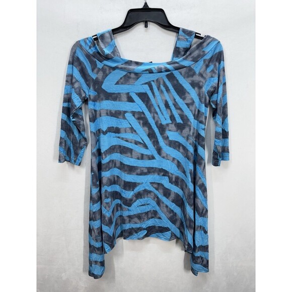 Clara Sun Woo Cold Shoulder Top Womens Small Blue Gray 3/4 Sleeve Stretch Tunic - Picture 3 of 8